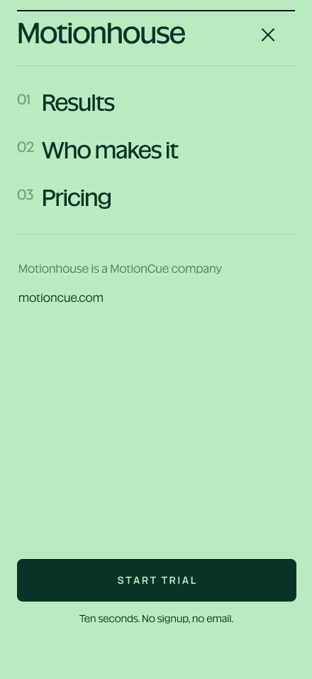 Motionhouse - Landing Page — mobile, Menu